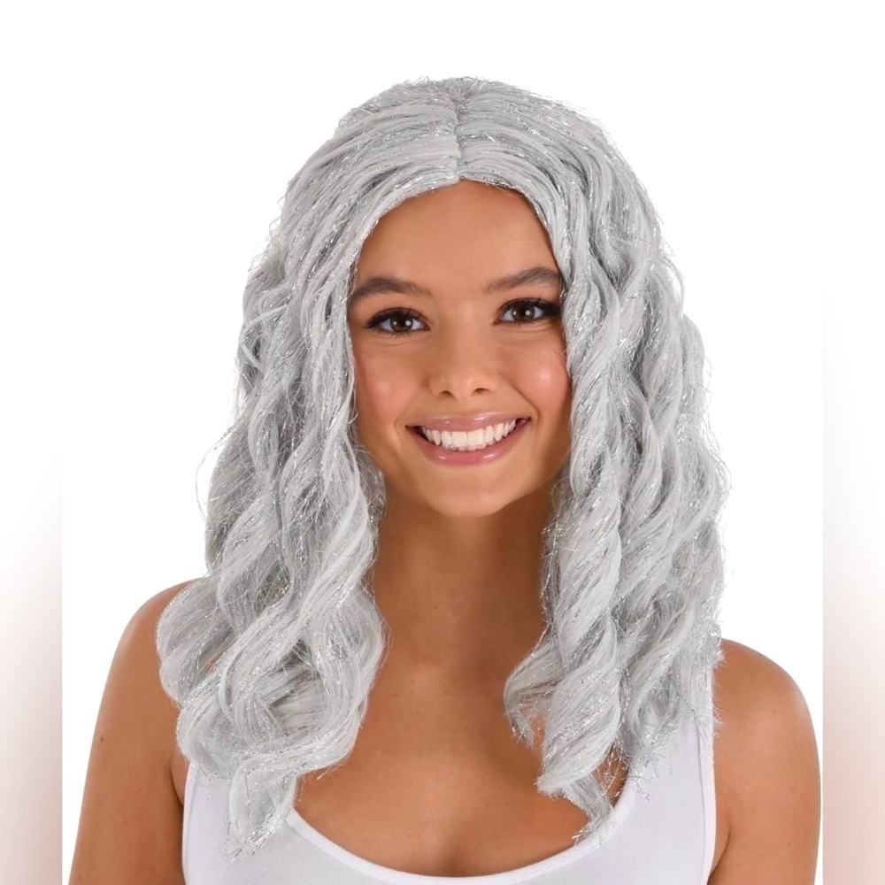 Body Wave Wig Curls Silver Glitter Fancy Dress Up Halloween Adult Costume